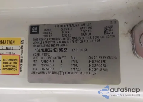 2017 Chevrolet Silverado 1500 Wt z USA, uszkodzony, nr VIN 1GCNCNEC2HZ136232